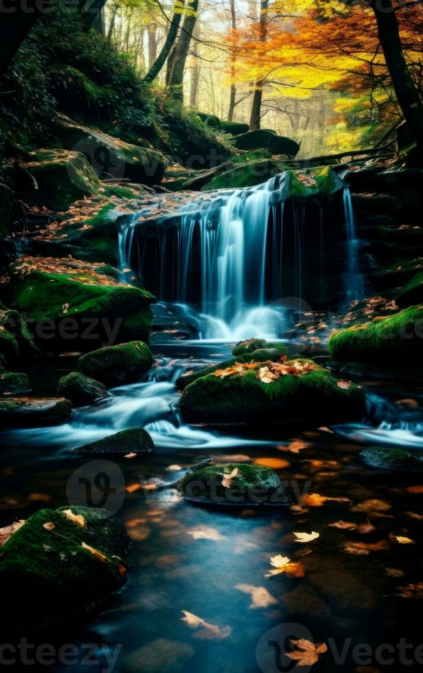 paisaje foto de cascada en el bosque durante otoño estación. generativo ai