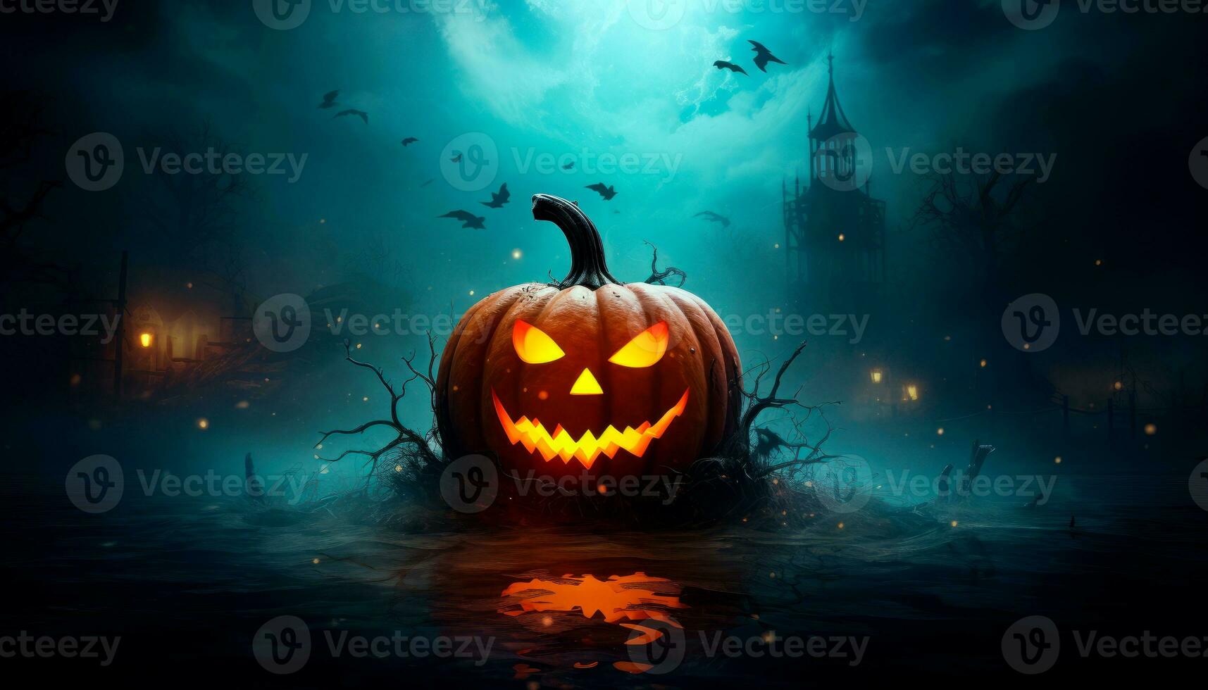 Scary halloween pumpkin in a spooky forest night with copy space. Generative AI photo
