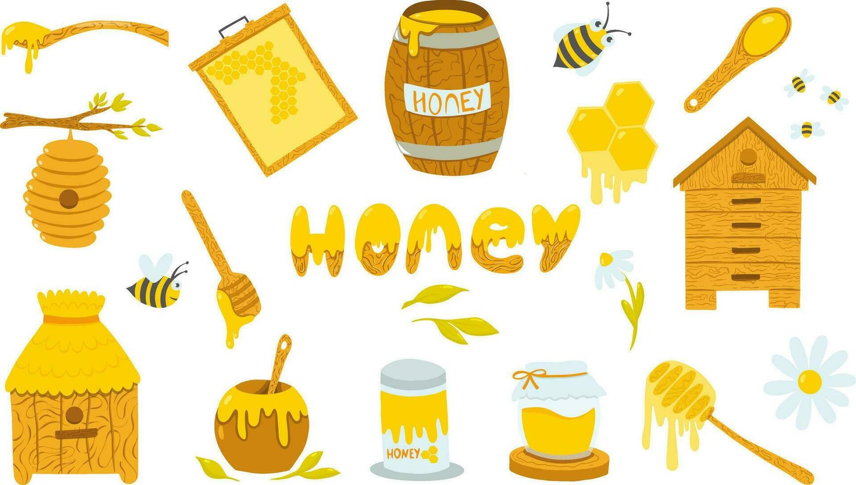 Honey vector illustrations set, bees, honey making, apiary