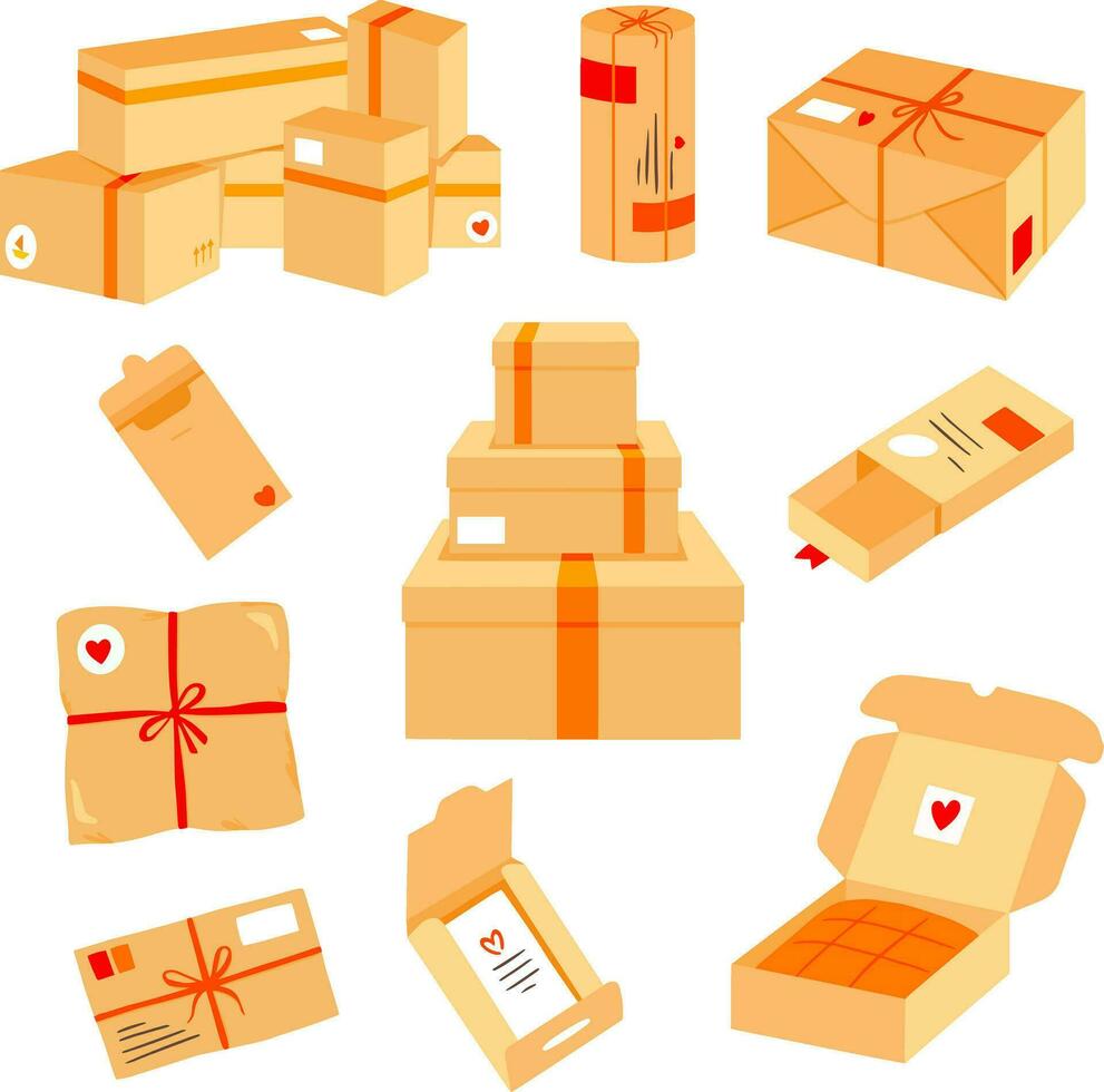 cajas b paquete de pegatinas, paquetes, embalaje, correo, Envío vector ilustración conjunto