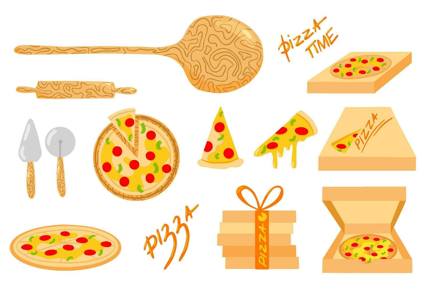 Pizza set of vector illustrations, pizza cooking, pizza making,Italian cuisine