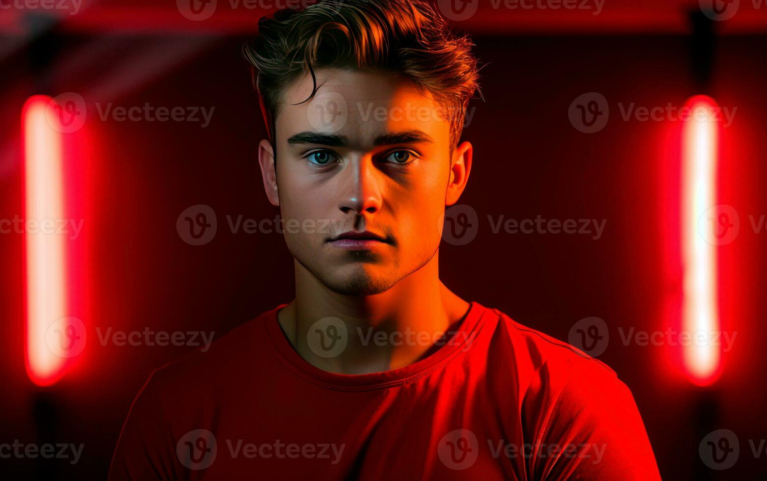 Young man wearing red sweater standing over red background with dramatic lighting. AI generative photo