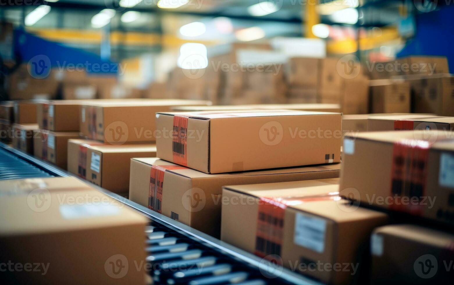 Warehouse of multiple cardboard box packages moving on a conveyor. Delivery products. Parcel office. AI generative photo