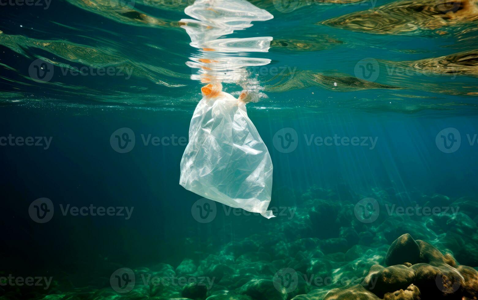 Plastic bag floating in the ocean. AI generative photo