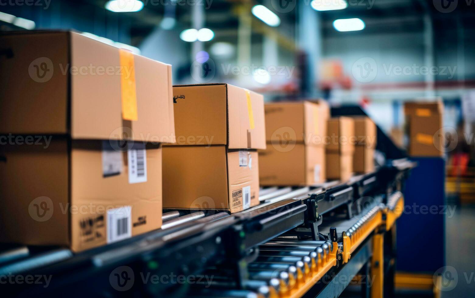 Warehouse of multiple cardboard box packages moving on a conveyor. Delivery products. Parcel office. AI generative photo