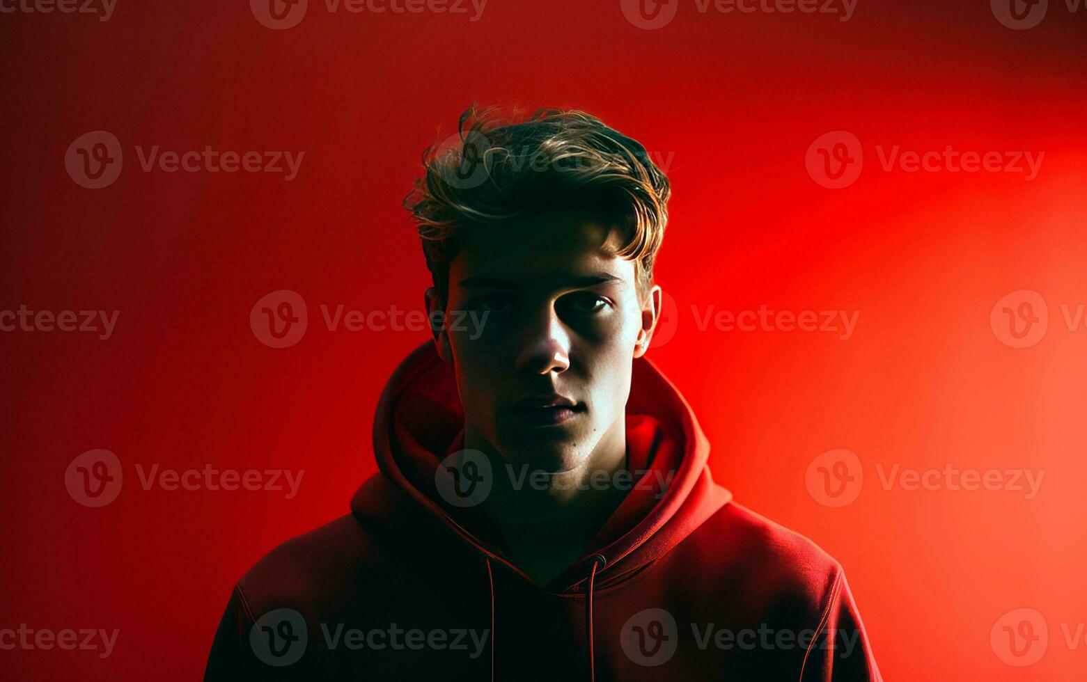 Young man wearing red sweater standing over red background with dramatic lighting. AI generative photo