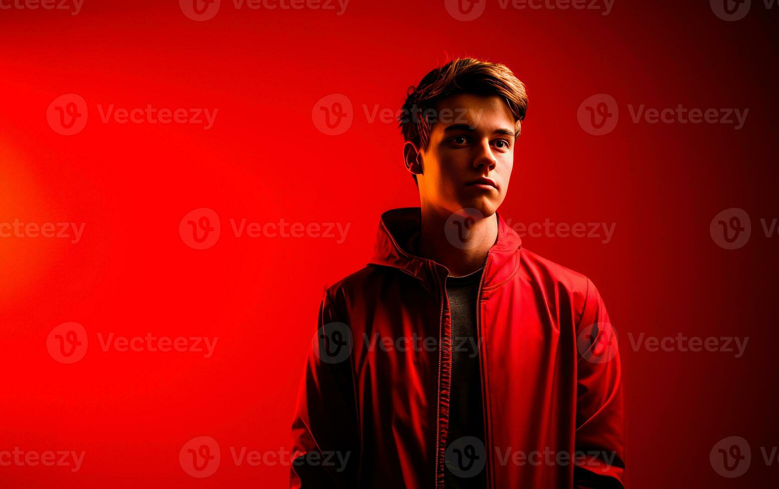 Young man wearing red sweater standing over red background with dramatic lighting. AI generative photo