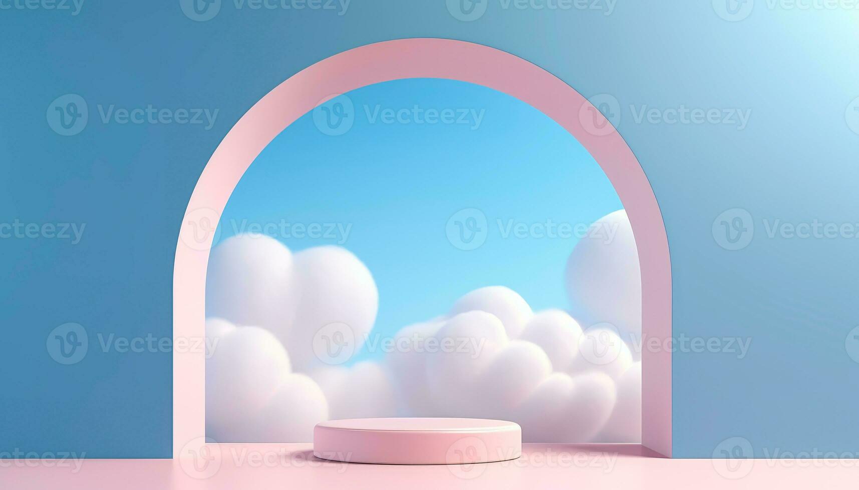 Podium product presentation mock up. Show cosmetic product. Abstract scene background, blue and clouds. AI generative photo