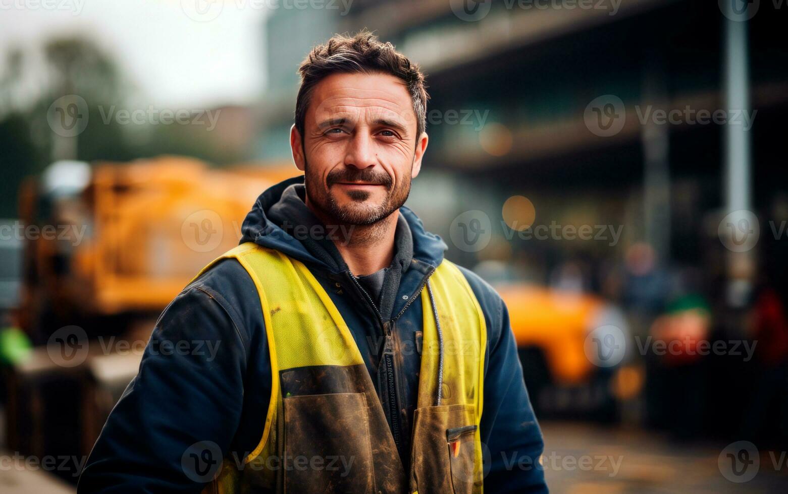 Construction worker man with hat and cross arms. Generative AI photo