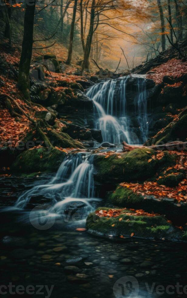 Landscape photo of waterfall in the forest during autumn season. AI generative