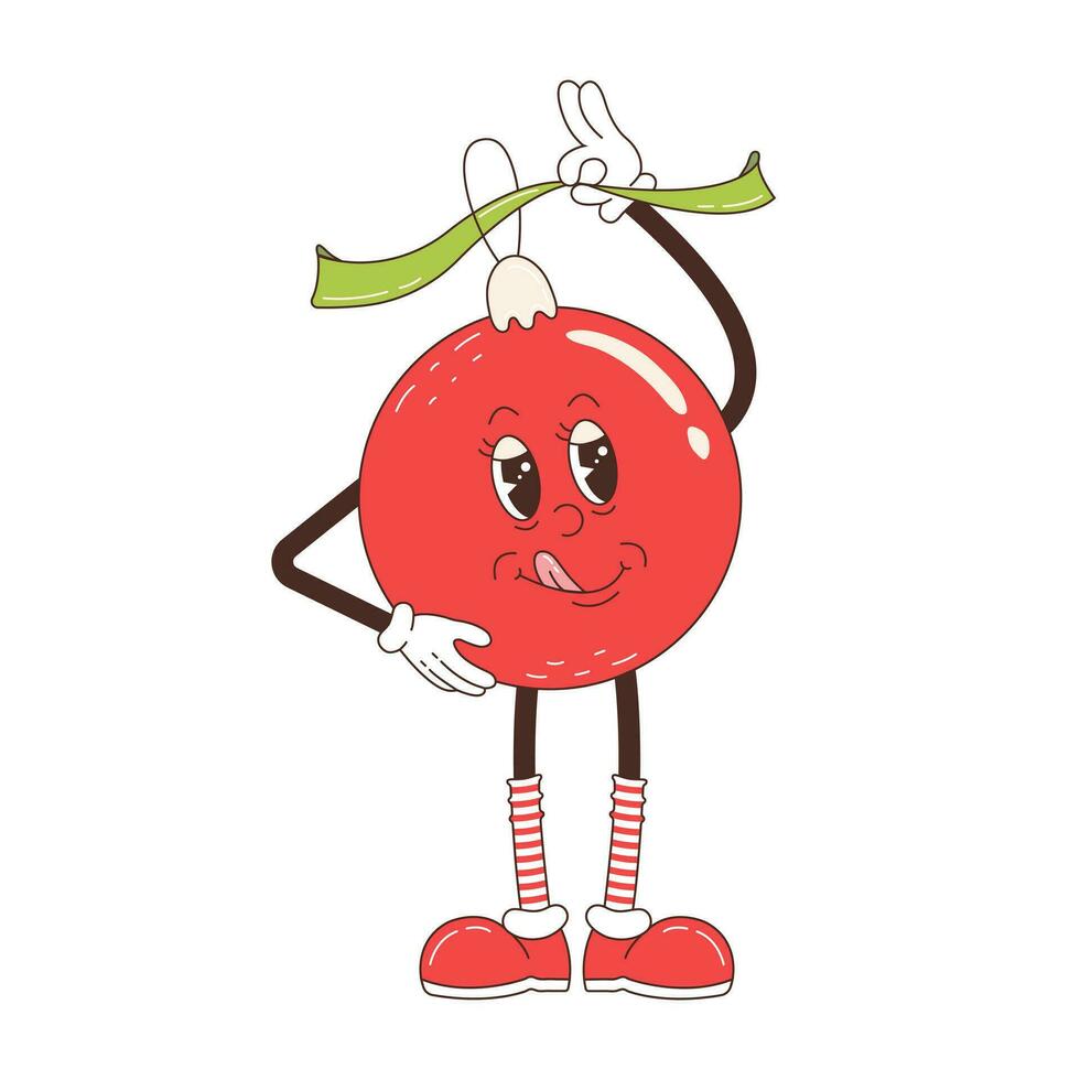 Retro cartoon Christmas ball character. Merry Christmas and Happy New year in trendy groovy hippie style. vector