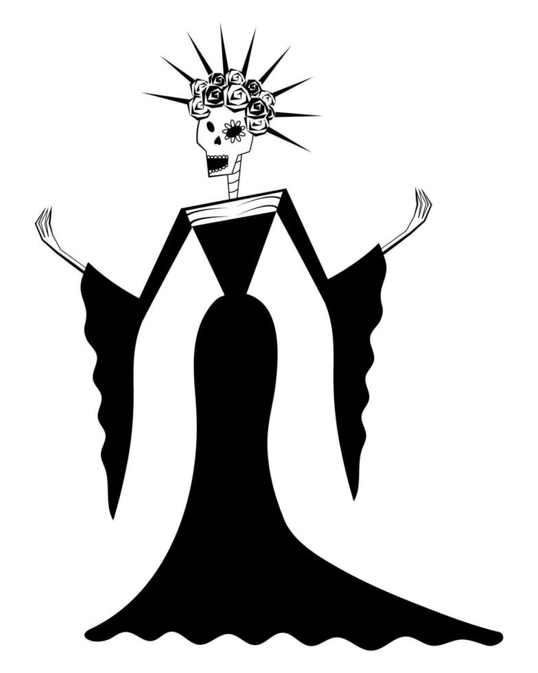 día de el muerto esqueleto hembra personaje con flor corona y lujo largo negro vestido. dia Delaware los muertos. mexicano tradicional festival concepto. vector