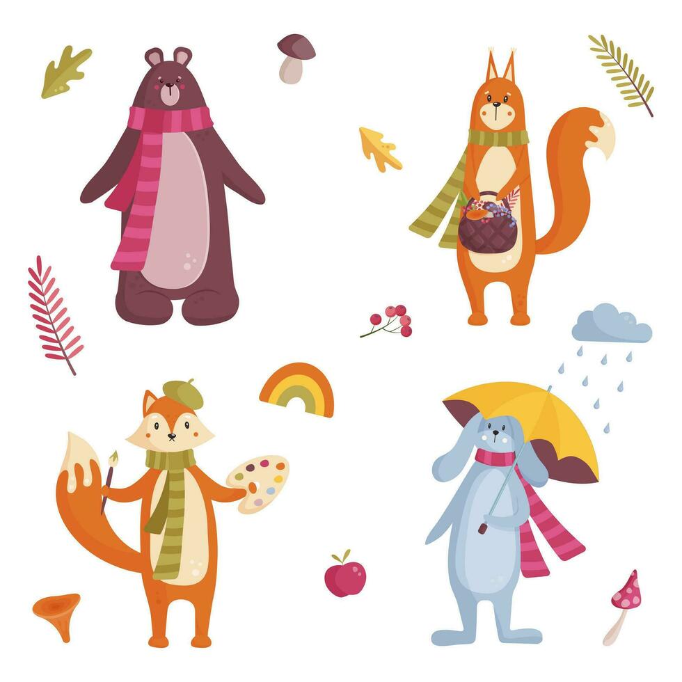 linda dibujos animados estilo otoño conjunto con animales conjunto con oso, ardilla, zorro y Conejo. vector