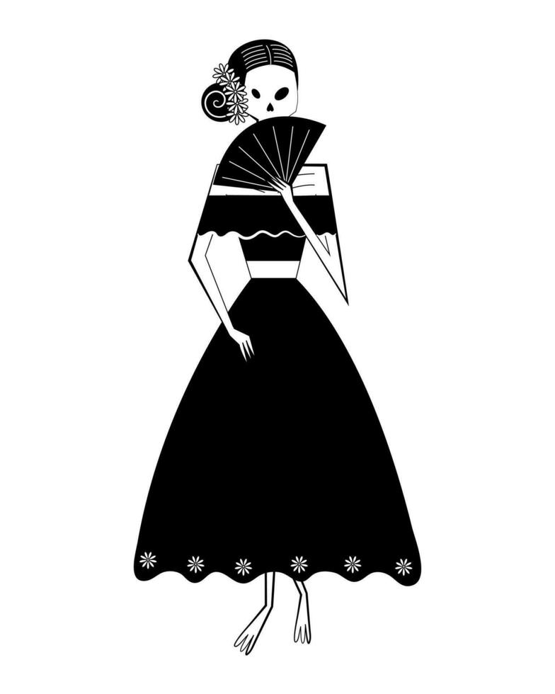 día de el muerto esqueleto hembra personaje con admirador. dia Delaware los muertos. mexicano tradicional festival concepto. vector