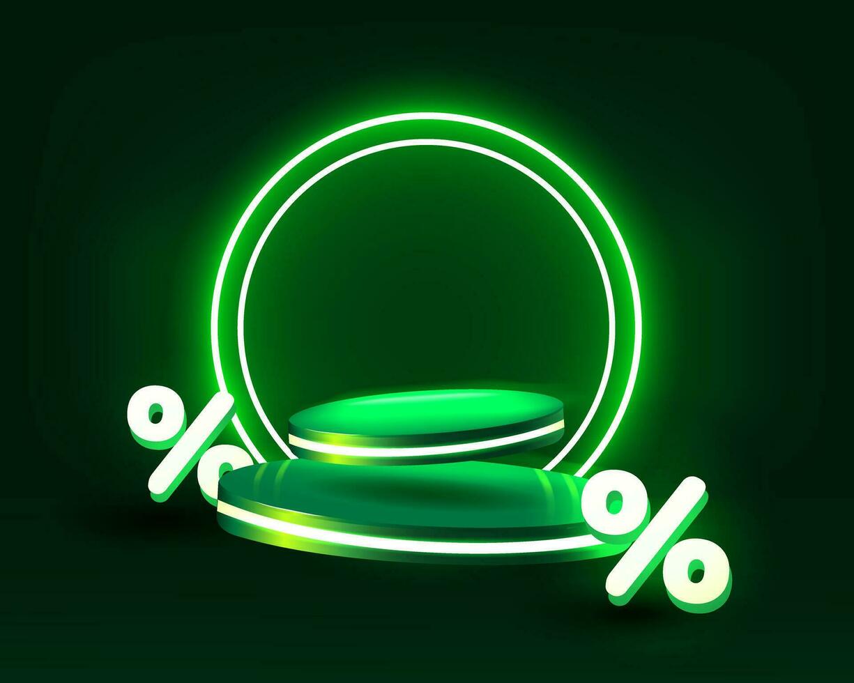 Discount green empty 3d podium floating in the air with neon rings on background. Stage podium with lighting. vector