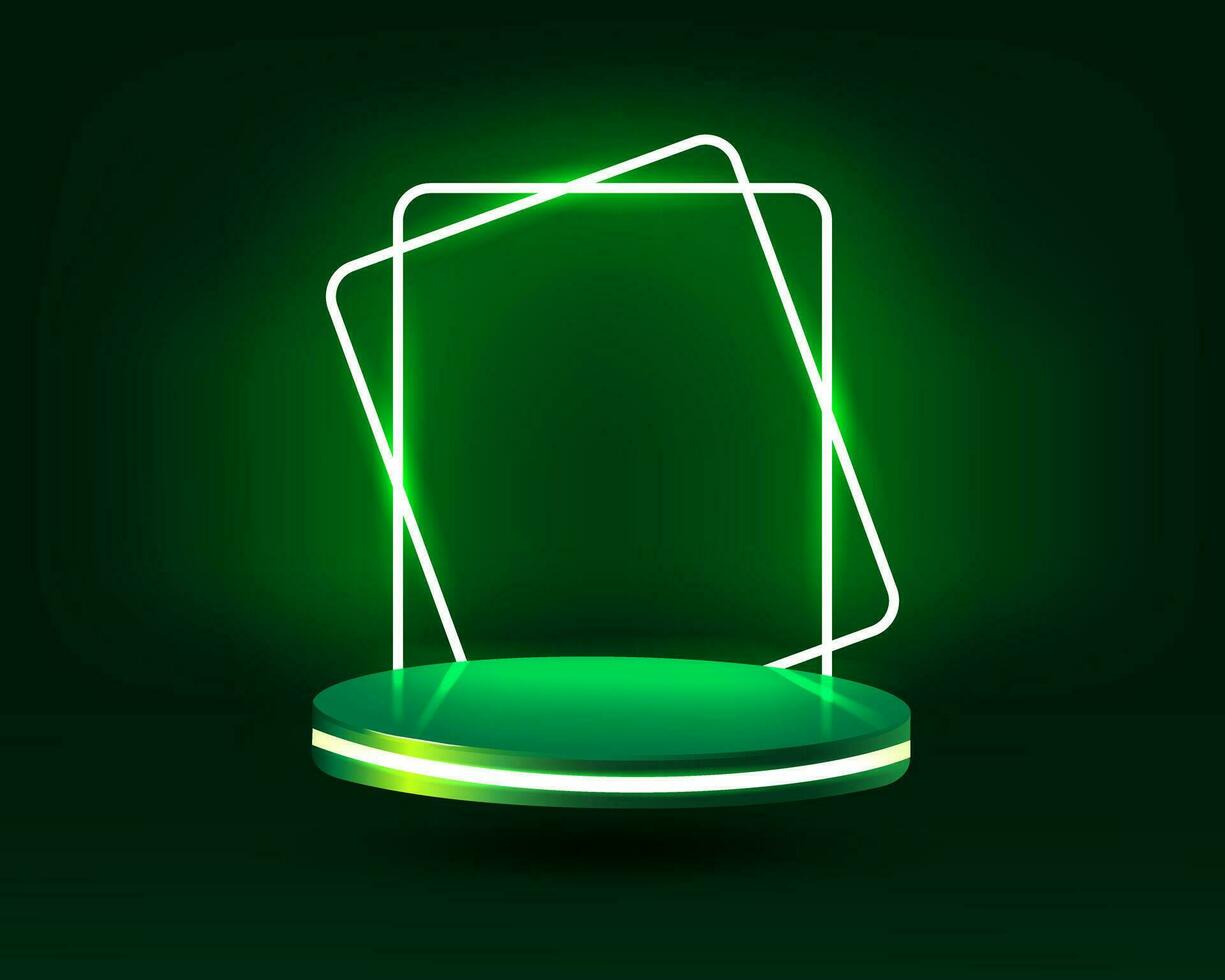 Empty green podium floating in the air with neon rectangle frames on background. Stage podium with lighting. vector