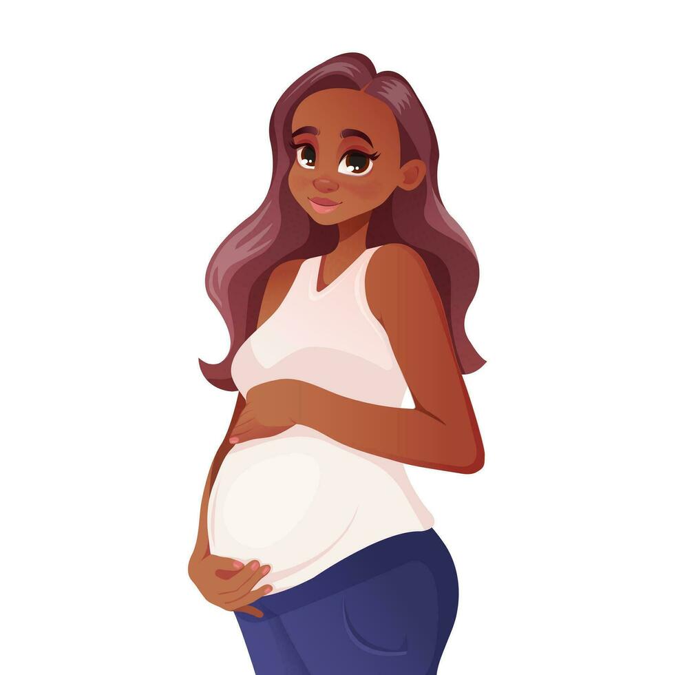 dibujos animados estilo sonriente embarazada mujer vector ilustración. embarazada mujer con largo marrón pelo en blanco camiseta y pantalones personaje.