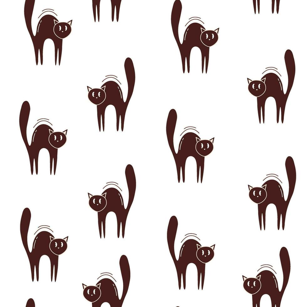 Halloween vector seamless pattern. Scared black cat in retro style.