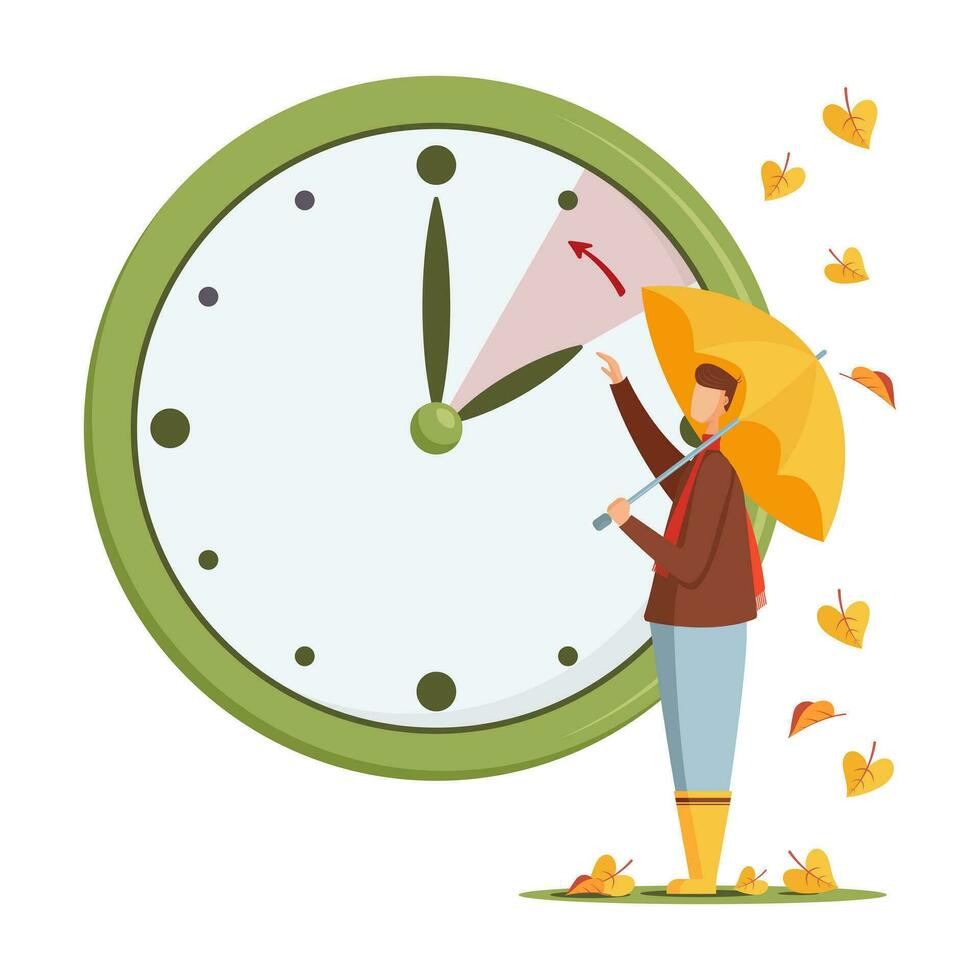 Daylight Saving Time concept. Autumn landscape with man with umbrella, the hand of the clocks turning to winter time. DST in Northern Hemisphere, USA time, vector illustration in modern flat style.