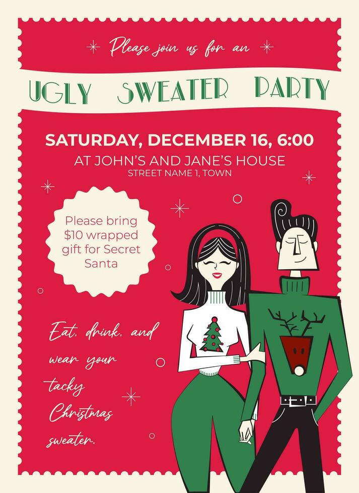 Ugly sweater party invitation. Retro Christmas party poster. 60s - 70s style couple in sweaters characters. vector