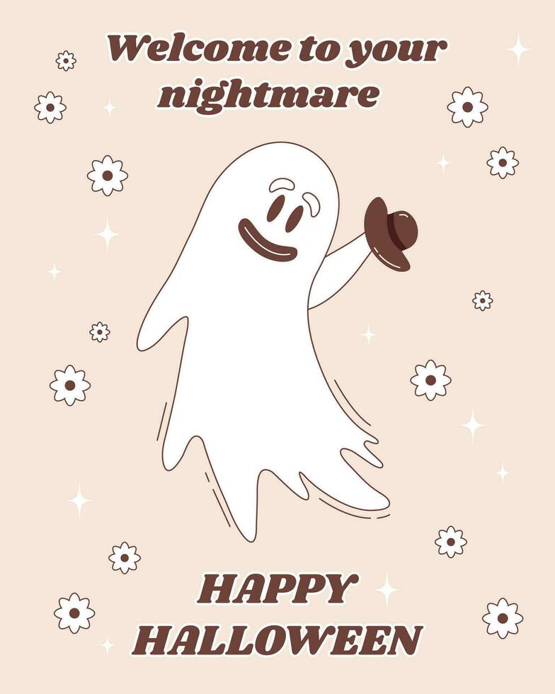 Halloween greeting poster in groovy style. Halloween ghost character. Cute flying ghost character with bowler hat. vector