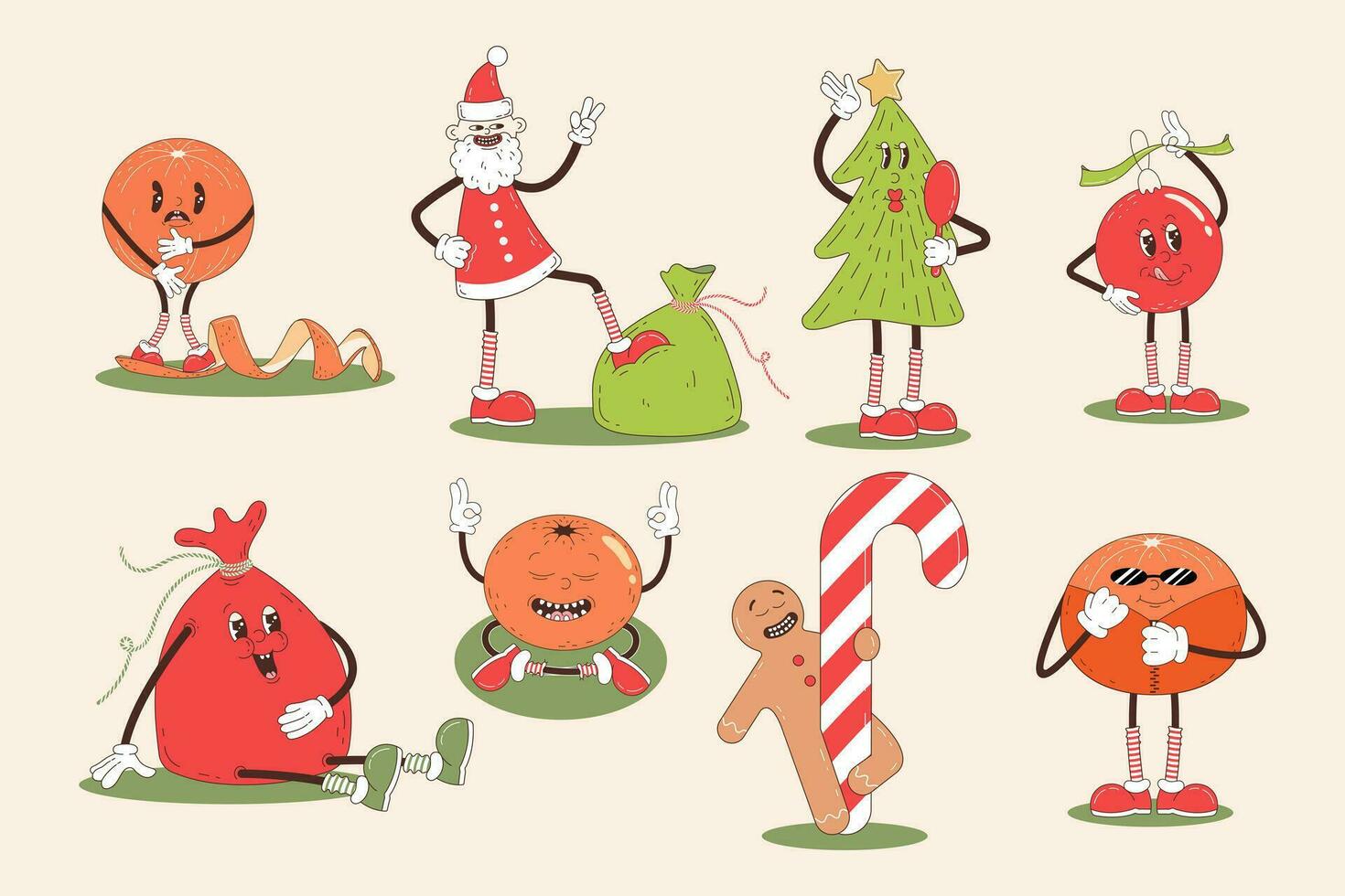 Set of retro cartoon characters-Santa, christmas tree, gift bag, ginger bread, clementines. Merry Christmas and Happy New year in trendy groovy hippie style. vector