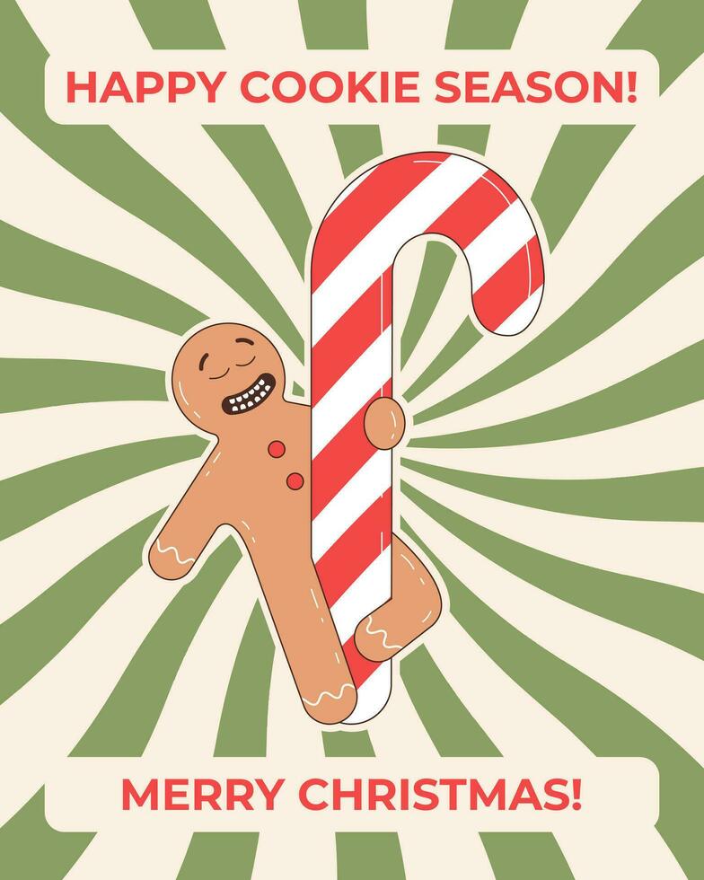 maravilloso Navidad saludo tarjeta con jengibre Galleta y dulce y saludo texto. gracioso retro dibujos animados Navidad personaje en maravilloso años 60-70 Clásico estilo. vector
