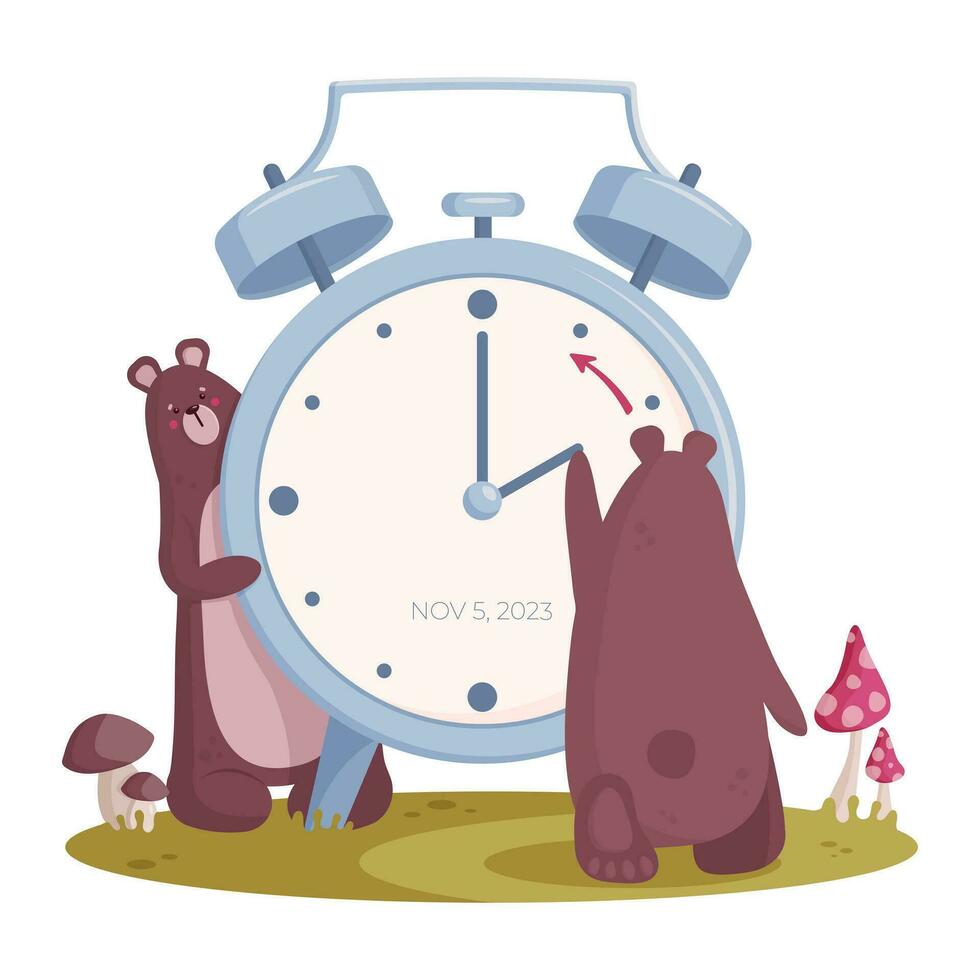 Fall back clock in modern flat style. Clock with bear turning hand of the clock to winter time. Daylight saving time end concept. Autums landscape with bears and mushrooms. vector