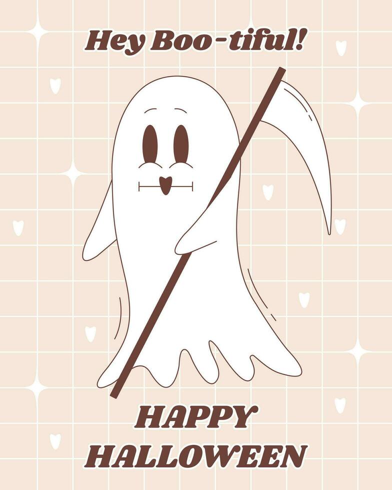 Halloween greeting poster in groovy style. Halloween ghost grim reaper character. vector