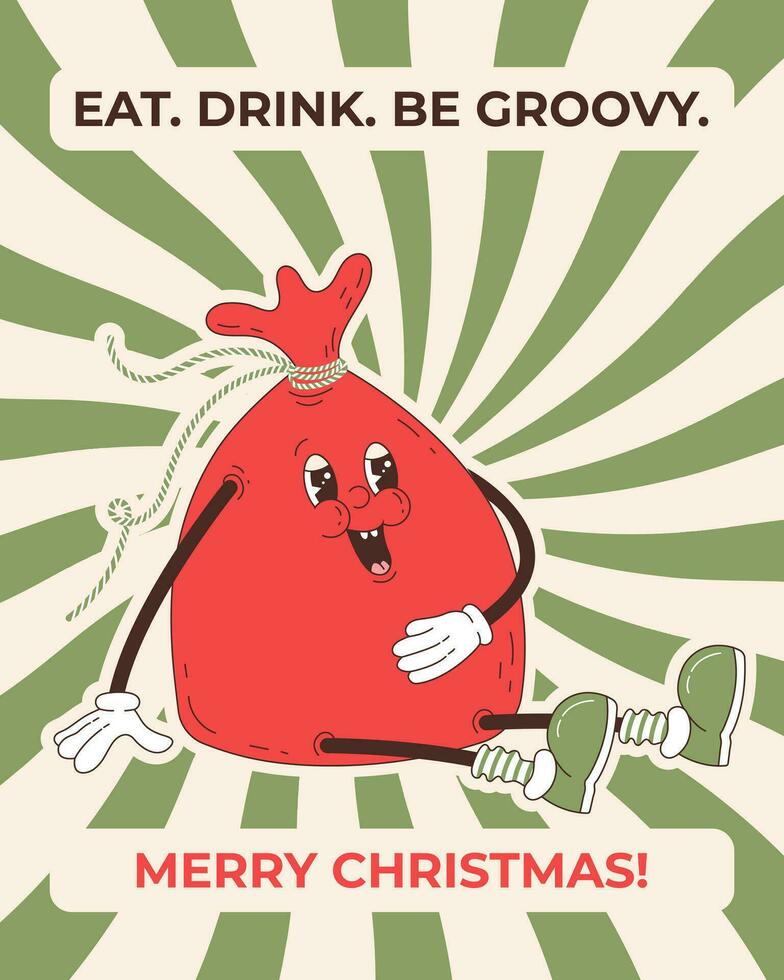 Groovy Christmas greeting card with gift bag and greeting text. Funny retro cartoon Christmas character in groovy 60s-70s vintage style. vector
