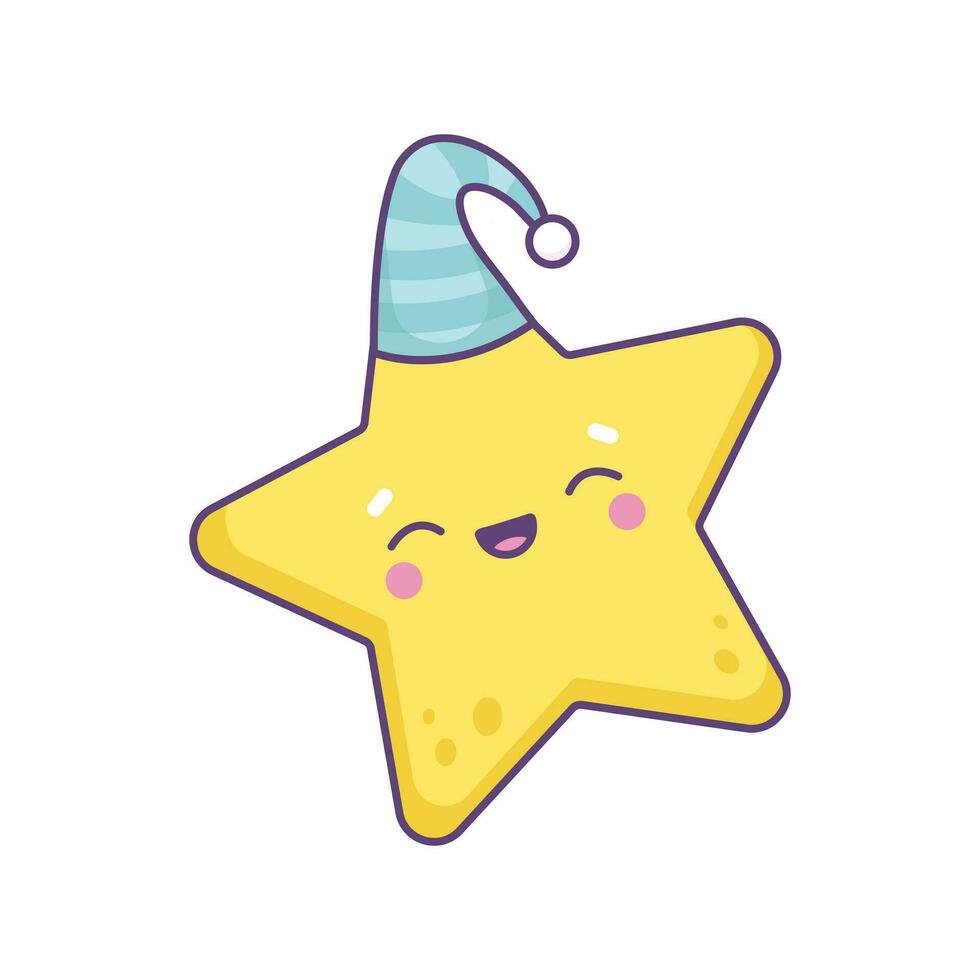 dibujos animados estilo linda sonriente estrella en gorro de dormir. vector