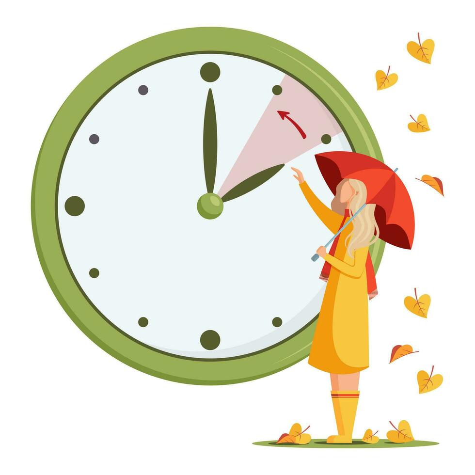 Daylight Saving Time concept. Autumn landscape with young woman with red umbrella, the hand of the clocks turning to winter time. Vector illustration in modern flat style.