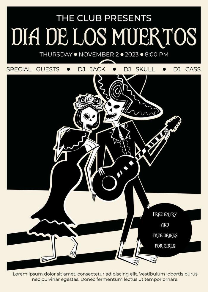 día de el muerto fiesta club póster. tradicional día de el muerto símbolos - esqueleto masculino y hembra caracteres vestido en gente mexicano disfraces, hombre jugando guitarra, mujer con ventilador cantando. vector