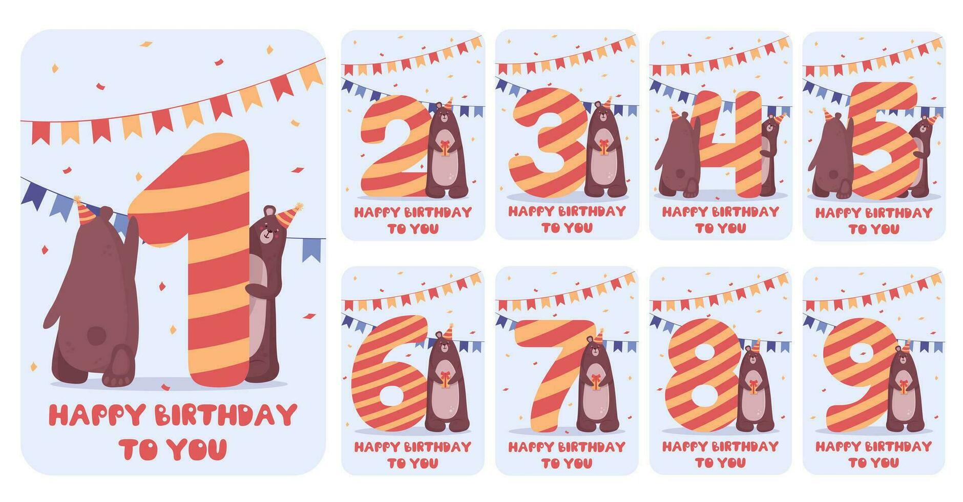 Happy birthday text vector poster set design for children. Birthday greeting cards set 1-9 years with cartoon style bear character. Vector illustration invitation card.