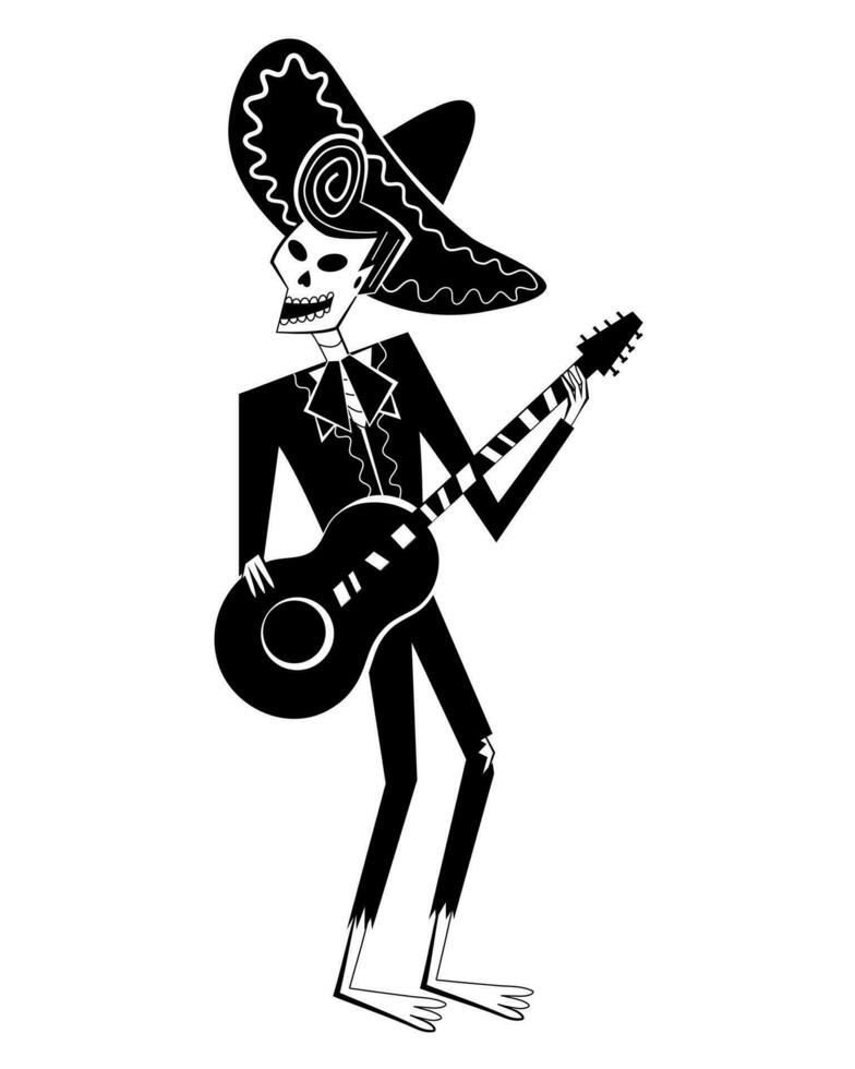 Day of the Dead skeleton mariachi character with in sombrero, playing guitar. Dia de los Muertos. Mexican traditional festival concept. vector