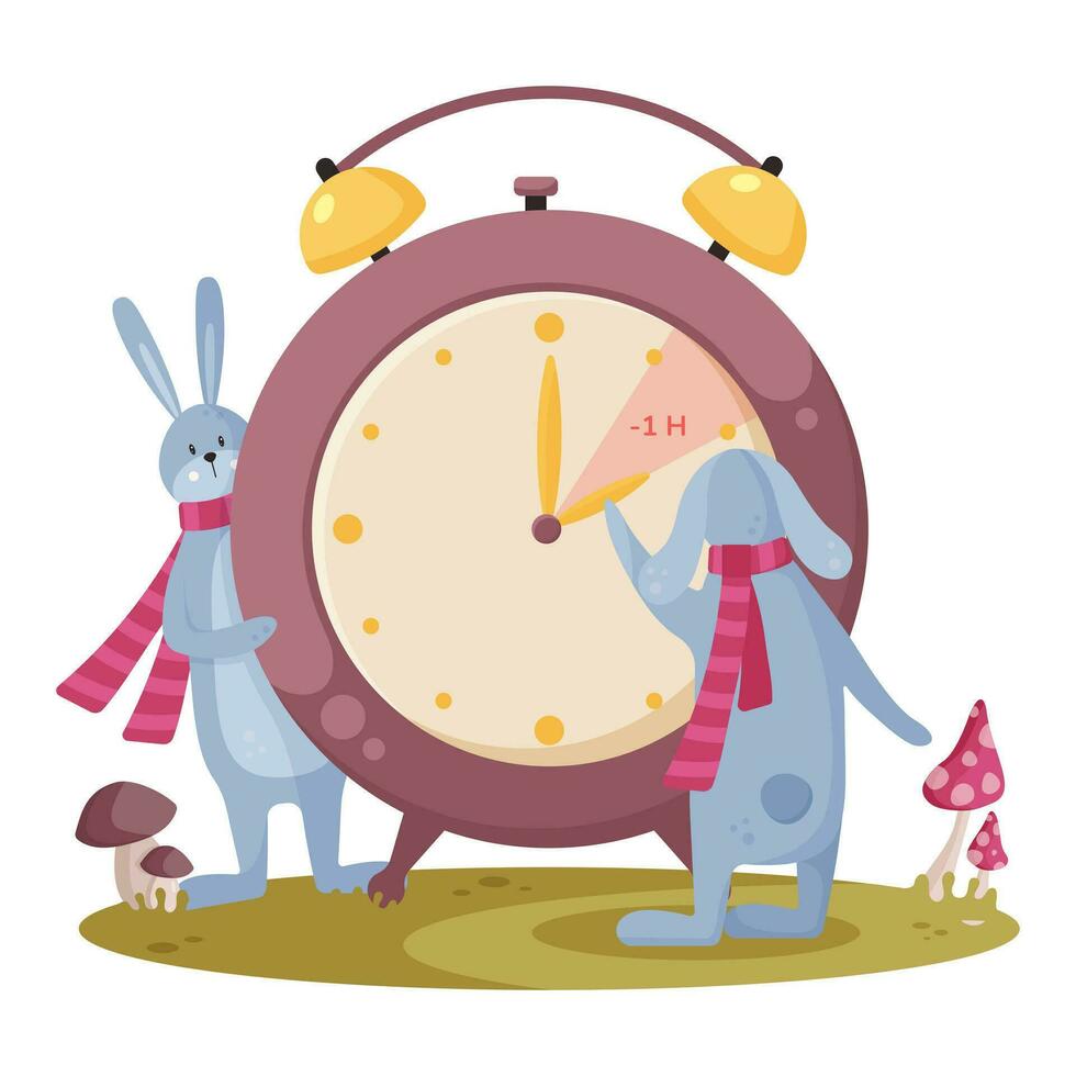 Daylight Saving Time concept. Autumn landscape with hare, the hand of the clocks turning to winter time. Vector illustration in modern cartoon style.