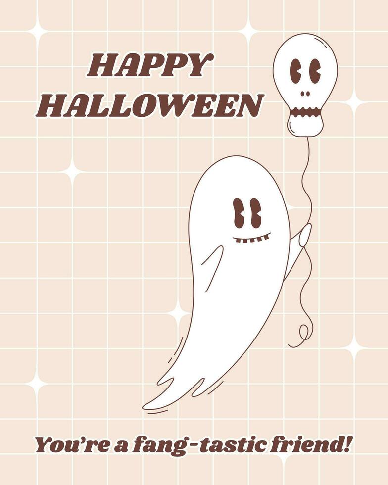 Halloween greeting poster in groovy style. Halloween ghost character. Cute flying ghost character with skull balloon. vector