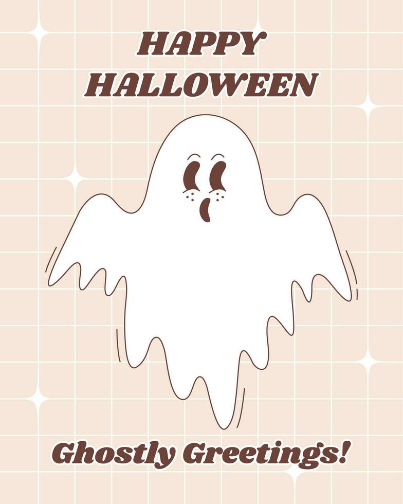 Halloween greeting poster in groovy style. Halloween ghost character. Cute flying ghost character. vector