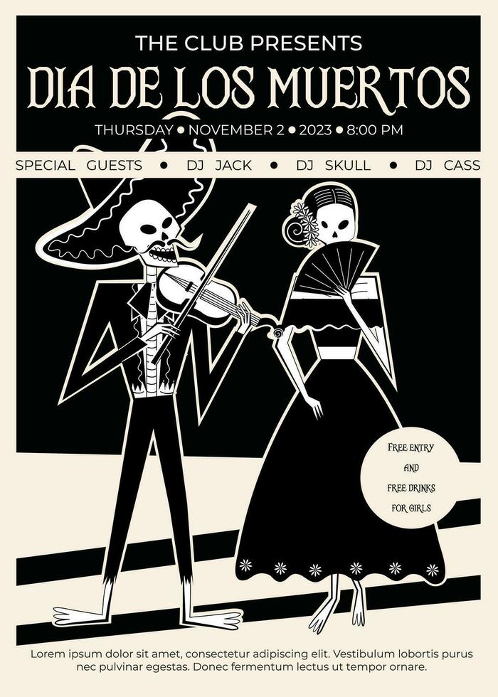 día de el muerto fiesta club póster. tradicional día de el muerto símbolos - esqueleto masculino y hembra caracteres vestido en gente mexicano disfraces, hombre jugando violín, mujer con admirador. vector
