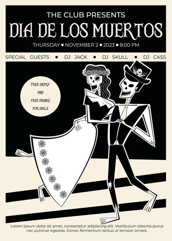 Day of the Dead party club poster. Traditional Day of the Dead symbols - skeleton male and female characters dressed in folk Mexican costumes, dancing couple. vector