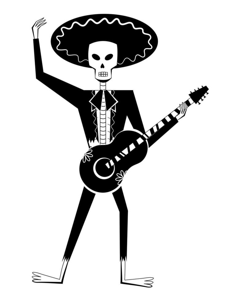 día de el muerto esqueleto Mariachi personaje con en sombrero y guitarra. dia Delaware los muertos. mexicano tradicional festival concepto. vector