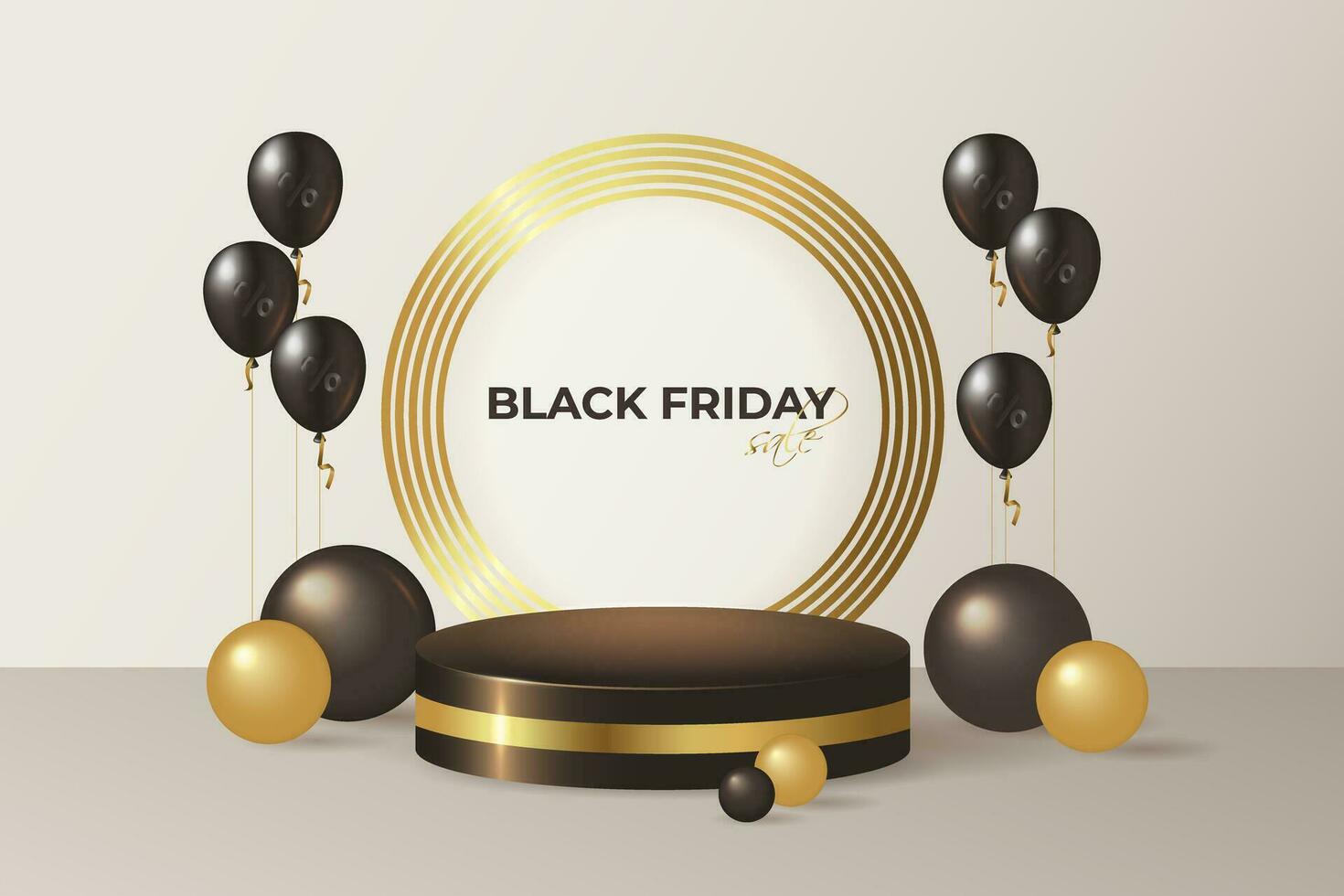 Black and gold realistic 3D cylinder pedestal podium with balloons with percent sign. Modern vector podium with round frame. Black friday sale scene for products showcase.