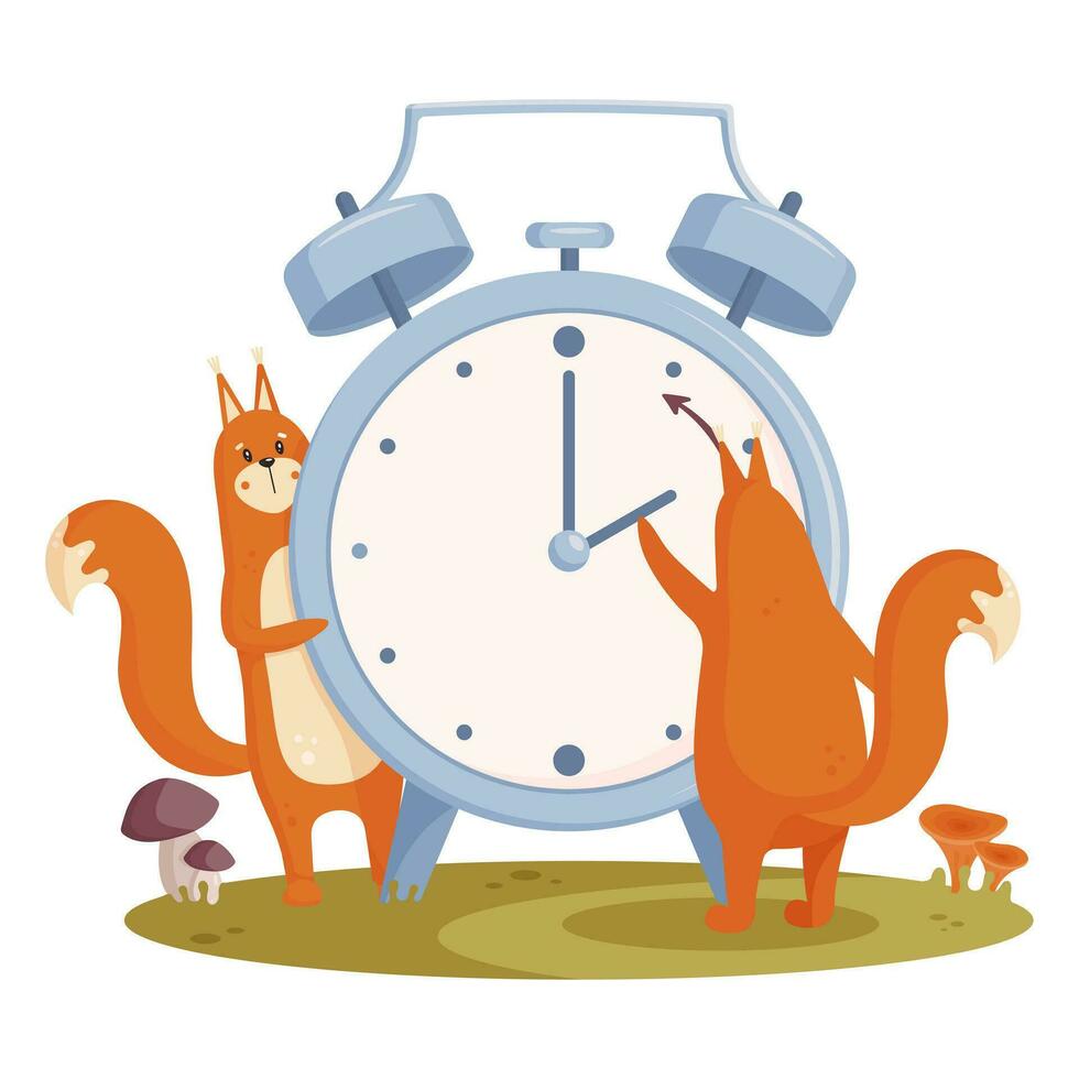 Daylight saving time concept. Fall back landscape with squirrels, the clock hand turning back to winter time. vector