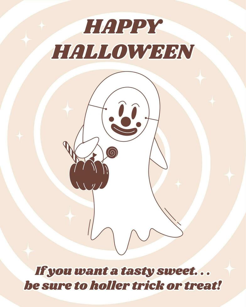 Halloween greeting poster in groovy style. Halloween ghost character. Cute flying ghost character in clown mask with pumpkin full of sweets. vector