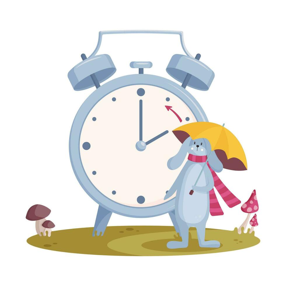 Daylight saving time concept. Cute autumn landscape with hare in red scarf with yellow umbrella, the clock hand turnig back to winter time. vector