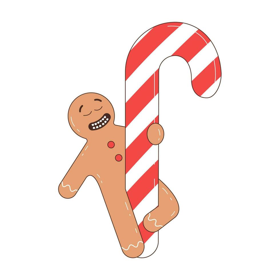 Retro cartoon gingerbread man character. Merry Christmas and Happy New year in trendy groovy hippie style. vector