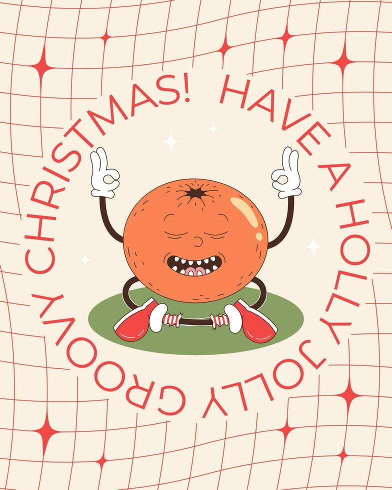 Groovy Christmas greeting card with yoga tangerine and greeting text. Funny retro cartoon Christmas character in groovy 60s-70s vintage style. vector