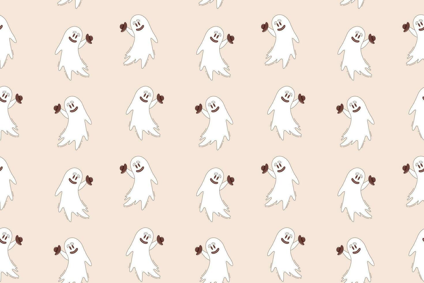 Halloween vector seamless pattern. Flying ghost with bowler hat in retro style.