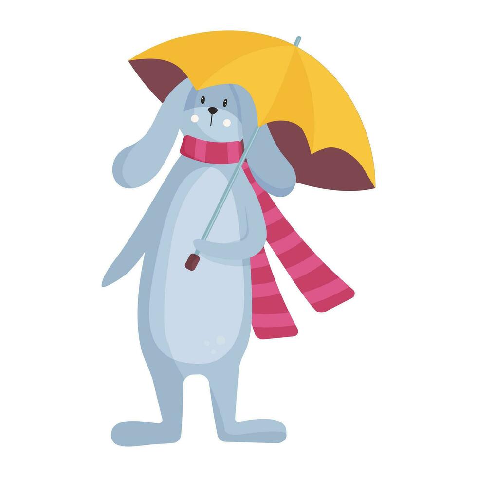 Cute hare character with pink scarf, yellow wellington boots and yellow umbrella. Animal character in cartoon style. vector