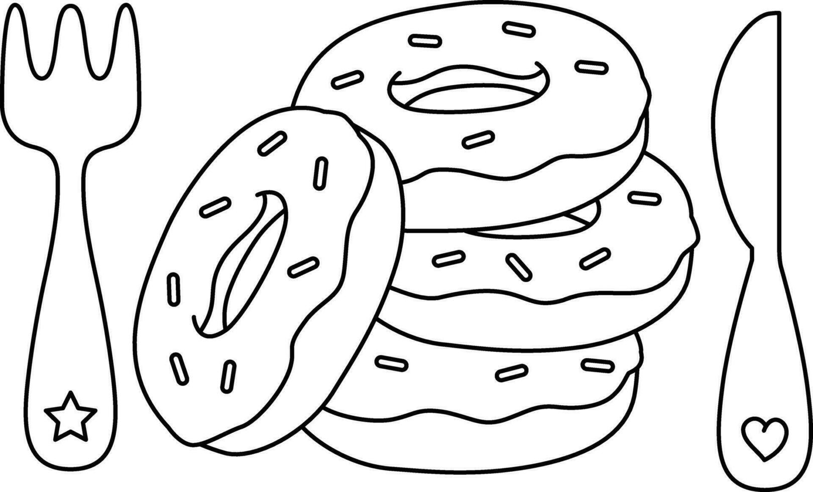 A stack of donuts, a knife, and a fork with black isolated line design vector